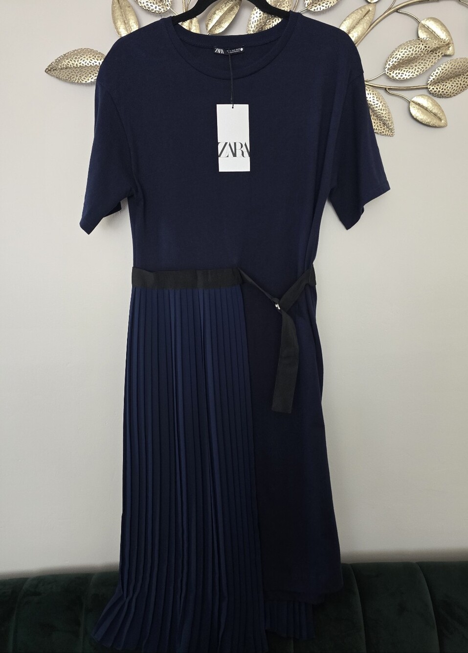 Zara Navy Pleated Midi Dress with Black Waist Tie Sz S-M
